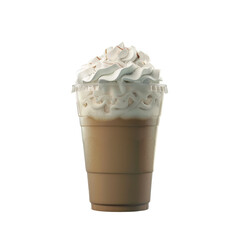 Iced caramel coffee topped with whipped cream in a disposable cup against a transparent background