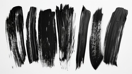 Fototapete - A series of dense black brush strokes arranged on a white background, displaying different intensities and styles for artistic expression and creative design.