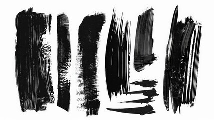 Poster - A collection of abstract black brush strokes on a white background, showcasing various textures and patterns in a bold monochromatic palette perfect for modern designs.