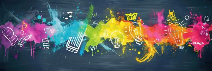 Aufkleber - A chalkboard brightened by colorful brush strokes features detailed drawings of globes, rulers, calculators, pencils, and lightbulbs for an engaging learning experience. Generative AI
