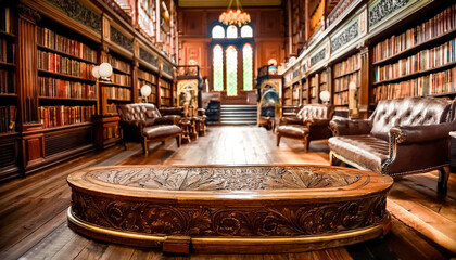 Poster - Ornate Wooden Table in a Grand Library