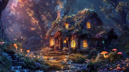 Aufkleber - Idyllic rustic forest cottage with a charming thatched roof surrounded by luminous foliage, soft light, and a stream flowing nearby. A peaceful, magical place at dusk.