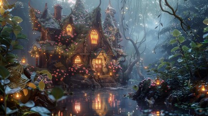 Poster - A charming cottage adorned with glowing lights sits in a mystical, foggy forest, surrounded by lush greenery and a tranquil pond, evoking a sense of serenity and wonder.