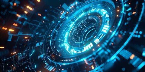 Poster - Visualize the cyber space as having a futuristic digital interface illuminated by neon blue lights