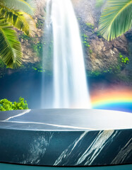 Sticker - Empty Marble Table with Waterfall and Rainbow Background