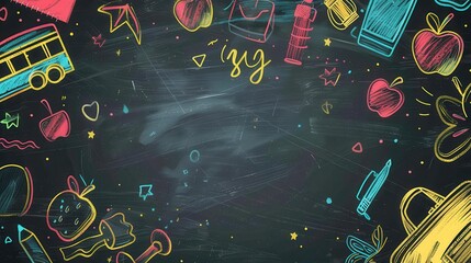Poster - A chalkboard features vibrant brush strokes and intricate sketches of classroom supplies, creating an engaging learning atmosphere for students. Generative AI