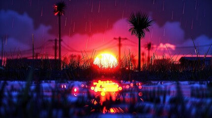  A digital art depicts a sunset with palm trees and a nearby body of water The sun appears distant