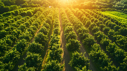 Poster - Aerial View of a Lush Green Orchard at Sunset