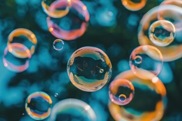 Poster - Soap bubbles floating in the air, reflecting the blue sky and clouds