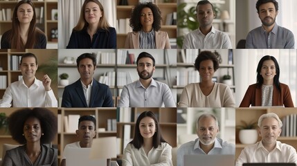 Webcam laptop screen view many faces of diverse people involved in group videoconference on-line meeting lead by indian businesswoman leader team using video call app work solve common issues concept.