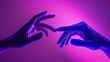 © Ace64 Studio - Two human hands trying to touch each other isolated on purple background in neon light. concept of human relation community togetherness symbolism culture and history.
