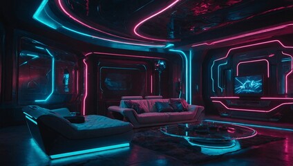 Wall Mural - Futuristic sci-fi living room with neon lights and modern design