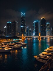 Poster - Glowing cityscape at night, tall buildings, vibrant lights on water, boats navigating the river