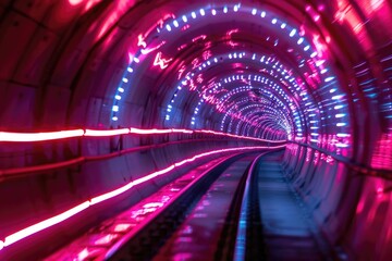 Poster - A train passing through a dark tunnel with flashing lights