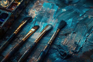 Poster - A selection of paintbrushes arranged on a table, suitable for illustrations or decorative purposes