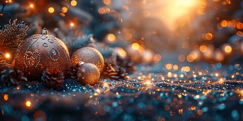 Golden Christmas ornaments sparkle amidst festive lights and glitter.