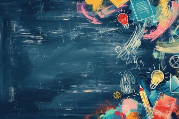 Leinwandbilder - A vibrant chalkboard filled with creative brush strokes and detailed drawings of educational tools like globes, calculators, and lightbulbs. Generative AI