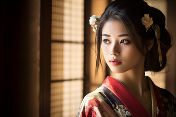 Beautiful Woman in Traditional Kimono Looking Out Window