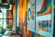© nsit0108 - Color palettes and data analysis being presented on a wall in a creative agency
