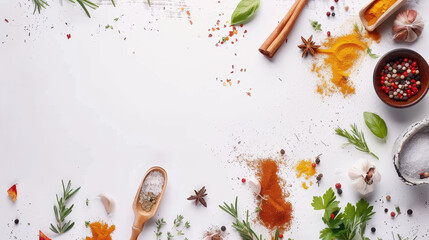 Canvas Print - A close up of a variety of spices and herbs, including parsley, basil, and rosemary, arranged on a white background