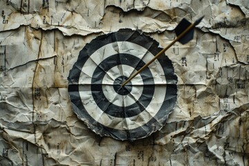 Poster - Arrow hitting the center of an old paper target on crumpled paper background representing achieving a goal