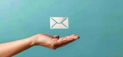 Poster - hand holding a white email icon on a blue background, symbolizing communication and the concept of c