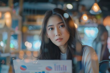 Poster - A woman sits in front of a laptop, focused on her work or study