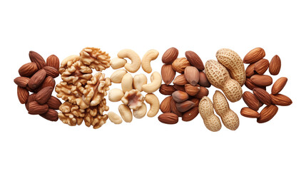 Different types of nuts on the table on transparente background