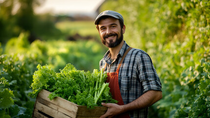 Poster - Happy Farmer Holding a Crate of Freshly Harvested Greens