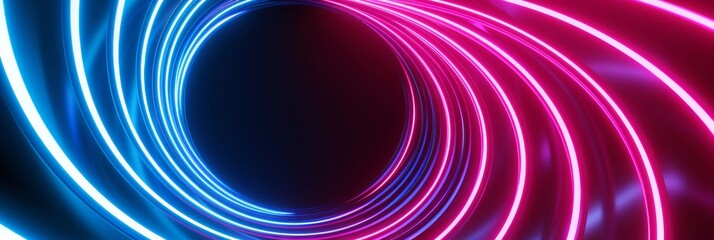 Poster - Immersive neon light tunnel with blue and pink spirals in a futuristic cyber environment