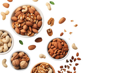 different types of nuts on the table on transparente background