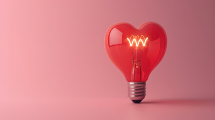 Wall Mural - A red light bulb with a heart shape in the middle. Concept of love and warmth