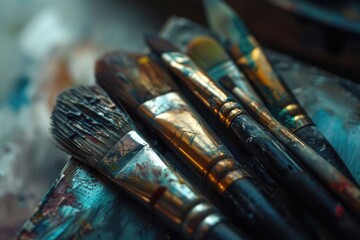 Poster - A collection of paintbrushes arranged neatly on a table, ideal for use in illustrations about art or creative processes