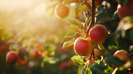 Poster - Red Apples on a Branch with Golden Light