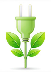 green electric plug on a white background, plant leaves, ecology, green technology, energy saving, illustration, device, science, household appliances, nature, environmentalism, electricity