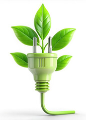 green electric plug on a white background, plant leaves, ecology, green technology, energy saving, illustration, device, science, household appliances, nature, environmentalism, electricity