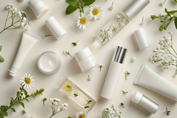 Poster - Variety of skin care products arranged on a white surface