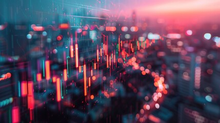 Poster - Financial Charts and Cityscape at Dusk