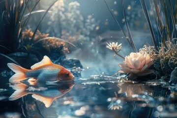 Poster - A goldfish swimming in a calm pond