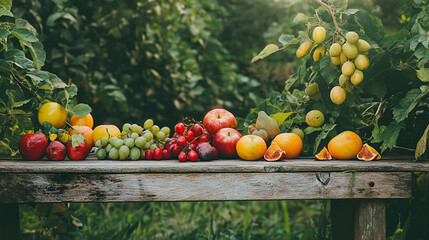 Poster - Fresh Fruit Arrangement on Rustic Table with Green Foliage Background