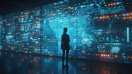 Poster - Woman Exploring a Wall of Digital Information