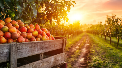 Wall Mural - Freshly Picked Peaches in a Wooden Crate at Sunset