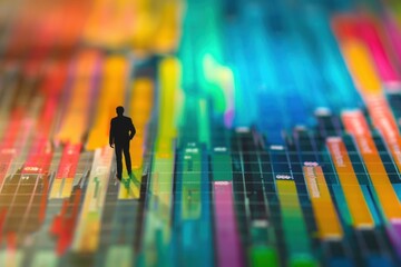Poster - Businessman is standing on a colorful abstract stock market graph chart indicator background