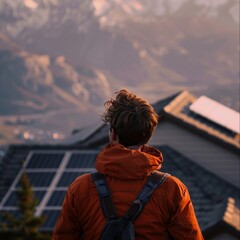 Wall Mural - A climber with brown hairs. He passes a house with solar panels on the roof, wearing the orange jacket. We see his back and he's looking at the house.