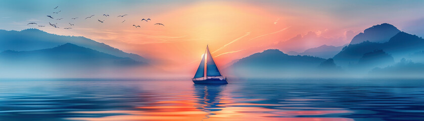 Poster - A sailboat is sailing on a calm lake with a beautiful sunset in the background. The sky is filled with birds flying in the distance. The scene is serene and peaceful