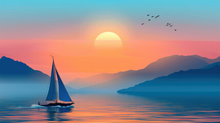 Sticker - A sailboat is sailing on a calm lake with a beautiful sunset in the background. The sky is filled with birds flying in the distance. The scene is serene and peaceful