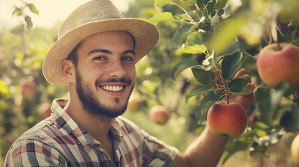 Poster - Happy Farmer Picking Apples in Orchard