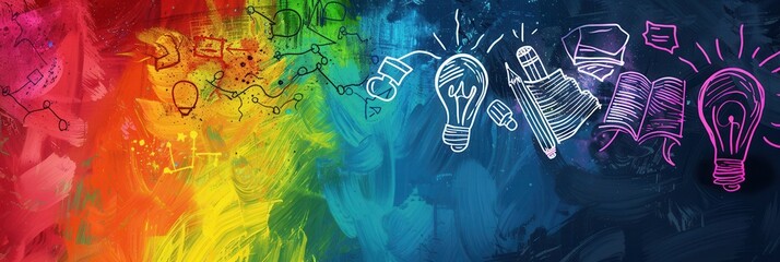 Fototapete - A vibrant chalkboard displays colorful brush strokes and detailed drawings of globes, rulers, calculators, and lightbulbs, enhancing the classroom atmosphere. Generative AI