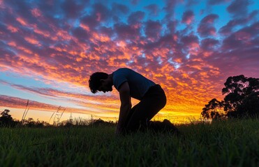 Concept of prayer. Silhouette of a praying young man. Set against a vibrant sunrise sunrise sunset sky. Clasped hands. Also related to sacrifice, spirituality, shepherds, trinity, and shadows.