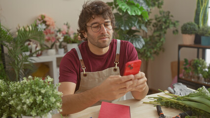 Sticker - A young hispanic man with a beard in a flower shop using a smartphone with plants in the background.